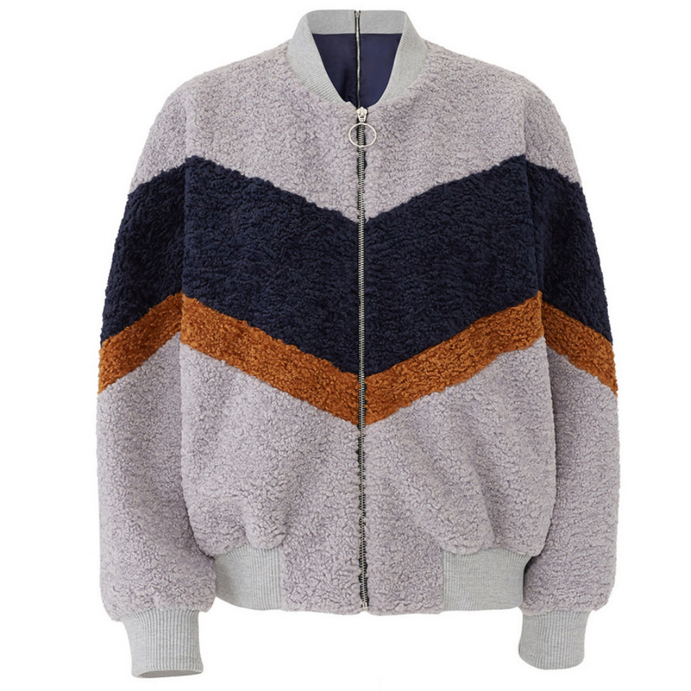 J.O.A. Lavender Sherpa Bomber Jacket with Navy and Rust Chevron